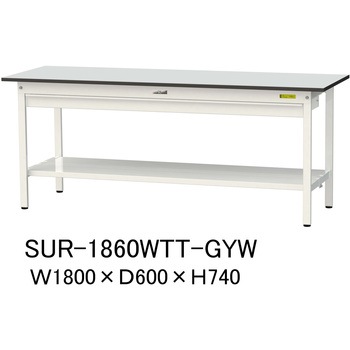 軽量作業台/耐荷重150kg_ワイド引き出し付き固定式_全面棚板付き_RoHS2指令対応塩ビシート天板_ワークテーブル150シリーズ 山金工業
