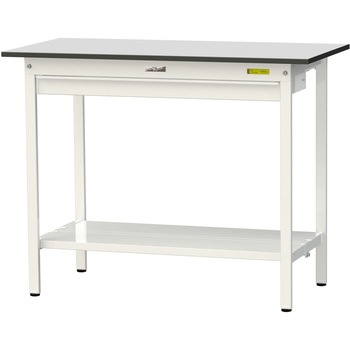 軽量作業台/耐荷重150kg_ワイド引き出し付き固定式_全面棚板付き_RoHS2指令対応塩ビシート天板_ワークテーブル150シリーズ 山金工業