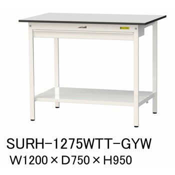 軽量作業台/耐荷重150kg_ワイド引き出し付き固定式_全面棚板付き_RoHS2指令対応塩ビシート天板_ワークテーブル150シリーズ 山金工業