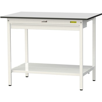 軽量作業台/耐荷重150kg_ワイド引き出し付き固定式_全面棚板付き_RoHS2指令対応塩ビシート天板_ワークテーブル150シリーズ 山金工業