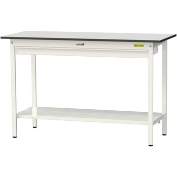 軽量作業台/耐荷重150kg_ワイド引き出し付き固定式_全面棚板付き_RoHS2指令対応塩ビシート天板_ワークテーブル150シリーズ 山金工業