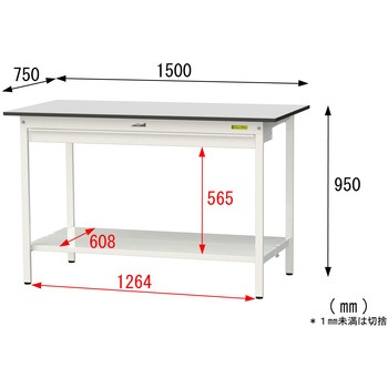 軽量作業台/耐荷重150kg_ワイド引き出し付き固定式_全面棚板付き_RoHS2指令対応塩ビシート天板_ワークテーブル150シリーズ 山金工業