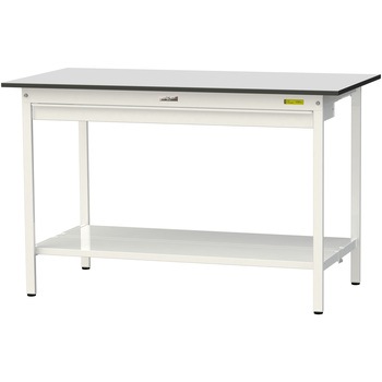 軽量作業台/耐荷重150kg_ワイド引き出し付き固定式_全面棚板付き_RoHS2指令対応塩ビシート天板_ワークテーブル150シリーズ 山金工業
