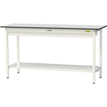 軽量作業台/耐荷重150kg_ワイド引き出し付き固定式_全面棚板付き_RoHS2指令対応塩ビシート天板_ワークテーブル150シリーズ 山金工業