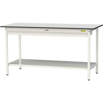 軽量作業台/耐荷重150kg_ワイド引き出し付き固定式_全面棚板付き_RoHS2指令対応塩ビシート天板_ワークテーブル150シリーズ 山金工業