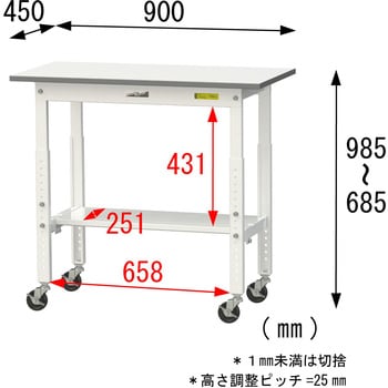 軽量作業台/耐荷重128kg_高さ調整移動式H685～985_半面棚板付_ワークテーブル150シリーズ 山金工業