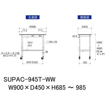 軽量作業台/耐荷重128kg_高さ調整移動式H685～985_半面棚板付_ワークテーブル150シリーズ 山金工業