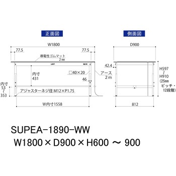 軽量作業台/耐荷重150kg_導電性ゴムマット+アース付き_高さ調整式_ワークテーブル150シリーズ 山金工業
