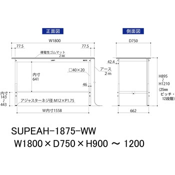 軽量作業台/耐荷重150kg_導電性ゴムマット+アース付き_高さ調整式_ワークテーブル150シリーズ 山金工業