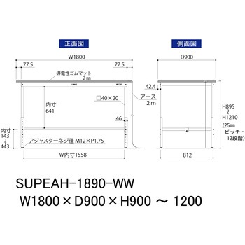軽量作業台/耐荷重150kg_導電性ゴムマット+アース付き_高さ調整式_ワークテーブル150シリーズ 山金工業