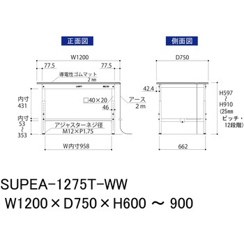 軽量作業台/耐荷重150kg_導電性ゴムマット+アース付き_高さ調整式_半面棚板付き_ワークテーブル150シリーズ 山金工業