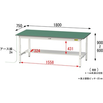 軽量作業台/耐荷重150kg_導電性ゴムマット+アース付き_高さ調整式_半面棚板付き_ワークテーブル150シリーズ 山金工業