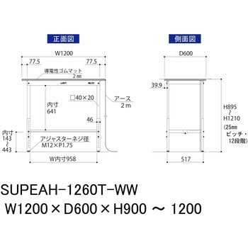 軽量作業台/耐荷重150kg_導電性ゴムマット+アース付き_高さ調整式_半面棚板付き_ワークテーブル150シリーズ 山金工業