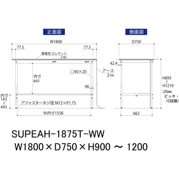 軽量作業台/耐荷重150kg_導電性ゴムマット+アース付き_高さ調整式_半面棚板付き_ワークテーブル150シリーズ 山金工業