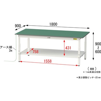 軽量作業台/耐荷重150kg_導電性ゴムマット+アース付き_高さ調整式_全面棚板付き_ワークテーブル150シリーズ 山金工業