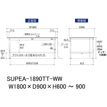 軽量作業台/耐荷重150kg_導電性ゴムマット+アース付き_高さ調整式_全面棚板付き_ワークテーブル150シリーズ 山金工業