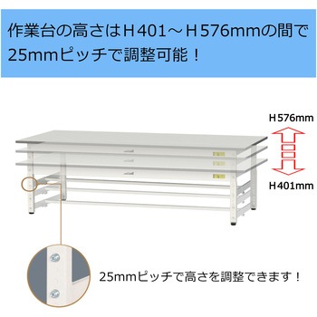 軽量作業台/耐荷重150kg_高さ調整_半面棚板付き_RoHS2指令対応塩ビシート天板_ワークテーブル150シリーズ 山金工業
