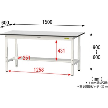 軽量作業台/耐荷重150kg_高さ調整_半面棚板付き_RoHS2指令対応塩ビシート天板_ワークテーブル150シリーズ 山金工業