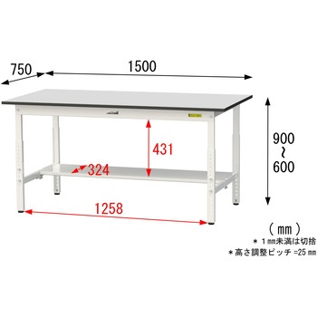 軽量作業台/耐荷重150kg_高さ調整_半面棚板付き_RoHS2指令対応塩ビシート天板_ワークテーブル150シリーズ 山金工業
