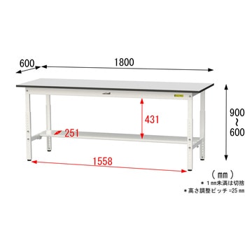 軽量作業台/耐荷重150kg_高さ調整_半面棚板付き_RoHS2指令対応塩ビシート天板_ワークテーブル150シリーズ 山金工業
