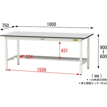 軽量作業台/耐荷重150kg_高さ調整_半面棚板付き_RoHS2指令対応塩ビシート天板_ワークテーブル150シリーズ 山金工業