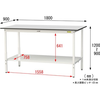 軽量作業台/耐荷重150kg_高さ調整_全面棚板付き_RoHS2指令対応塩ビシート天板_ワークテーブル150シリーズ 山金工業