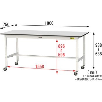 軽量作業台/耐荷重128kg_高さ調整移動式H688～988_RoHS2指令対応塩ビシート天板_ワークテーブル150シリーズ 山金工業