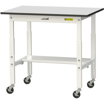 軽量作業台/耐荷重128kg_高さ調整移動式H688～988_半面棚板付き_RoHS2指令対応塩ビシート天板_ワークテーブル150シリーズ 山金工業