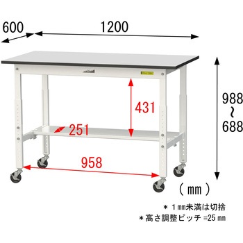 軽量作業台/耐荷重128kg_高さ調整移動式H688～988_半面棚板付き_RoHS2指令対応塩ビシート天板_ワークテーブル150シリーズ 山金工業