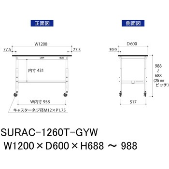 軽量作業台/耐荷重128kg_高さ調整移動式H688～988_半面棚板付き_RoHS2指令対応塩ビシート天板_ワークテーブル150シリーズ 山金工業