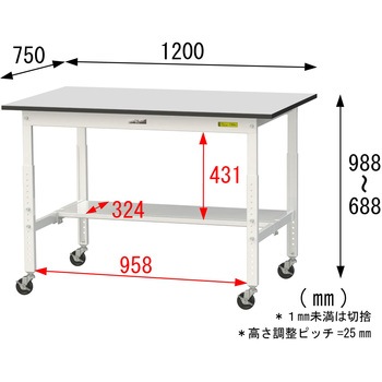軽量作業台/耐荷重128kg_高さ調整移動式H688～988_半面棚板付き_RoHS2指令対応塩ビシート天板_ワークテーブル150シリーズ 山金工業