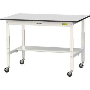 軽量作業台/耐荷重128kg_高さ調整移動式H688～988_半面棚板付き_RoHS2指令対応塩ビシート天板_ワークテーブル150シリーズ 山金工業