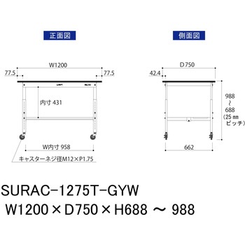 軽量作業台/耐荷重128kg_高さ調整移動式H688～988_半面棚板付き_RoHS2指令対応塩ビシート天板_ワークテーブル150シリーズ 山金工業