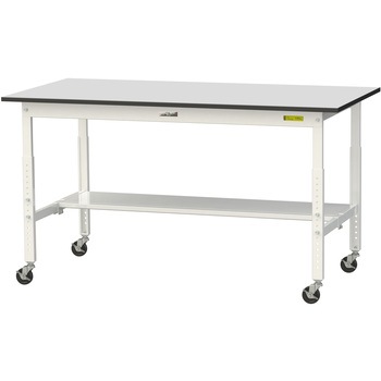 軽量作業台/耐荷重128kg_高さ調整移動式H688～988_半面棚板付き_RoHS2指令対応塩ビシート天板_ワークテーブル150シリーズ 山金工業
