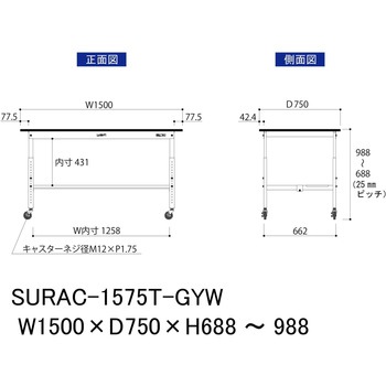 軽量作業台/耐荷重128kg_高さ調整移動式H688～988_半面棚板付き_RoHS2指令対応塩ビシート天板_ワークテーブル150シリーズ 山金工業