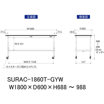 軽量作業台/耐荷重128kg_高さ調整移動式H688～988_半面棚板付き_RoHS2指令対応塩ビシート天板_ワークテーブル150シリーズ 山金工業