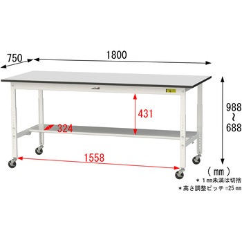 軽量作業台/耐荷重128kg_高さ調整移動式H688～988_半面棚板付き_RoHS2指令対応塩ビシート天板_ワークテーブル150シリーズ 山金工業