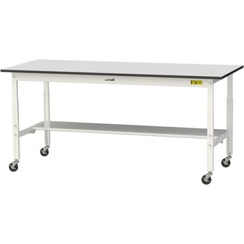 軽量作業台/耐荷重128kg_高さ調整移動式H688～988_半面棚板付き_RoHS2指令対応塩ビシート天板_ワークテーブル150シリーズ 山金工業