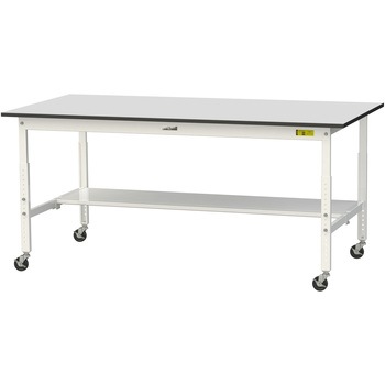 軽量作業台/耐荷重128kg_高さ調整移動式H688～988_半面棚板付き_RoHS2指令対応塩ビシート天板_ワークテーブル150シリーズ 山金工業