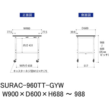 軽量作業台/耐荷重128kg_高さ調整移動式H688～988_全面棚板付き_RoHS2指令対応塩ビシート天板_ワークテーブル150シリーズ 山金工業