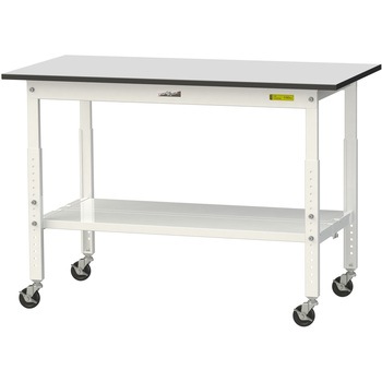 軽量作業台/耐荷重128kg_高さ調整移動式H688～988_全面棚板付き_RoHS2指令対応塩ビシート天板_ワークテーブル150シリーズ 山金工業