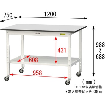 軽量作業台/耐荷重128kg_高さ調整移動式H688～988_全面棚板付き_RoHS2指令対応塩ビシート天板_ワークテーブル150シリーズ 山金工業