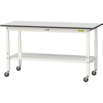 軽量作業台/耐荷重128kg_高さ調整移動式H688～988_全面棚板付き_RoHS2指令対応塩ビシート天板_ワークテーブル150シリーズ 山金工業