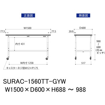 軽量作業台/耐荷重128kg_高さ調整移動式H688～988_全面棚板付き_RoHS2指令対応塩ビシート天板_ワークテーブル150シリーズ 山金工業