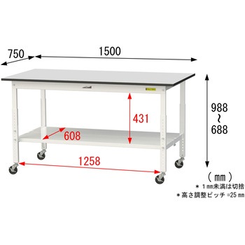軽量作業台/耐荷重128kg_高さ調整移動式H688～988_全面棚板付き_RoHS2指令対応塩ビシート天板_ワークテーブル150シリーズ 山金工業