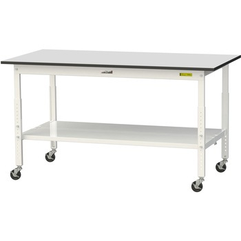 軽量作業台/耐荷重128kg_高さ調整移動式H688～988_全面棚板付き_RoHS2指令対応塩ビシート天板_ワークテーブル150シリーズ 山金工業