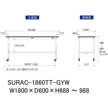 軽量作業台/耐荷重128kg_高さ調整移動式H688～988_全面棚板付き_RoHS2指令対応塩ビシート天板_ワークテーブル150シリーズ 山金工業