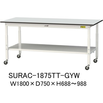 軽量作業台/耐荷重128kg_高さ調整移動式H688～988_全面棚板付き_RoHS2指令対応塩ビシート天板_ワークテーブル150シリーズ 山金工業