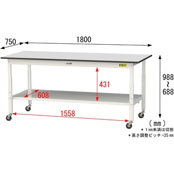 軽量作業台/耐荷重128kg_高さ調整移動式H688～988_全面棚板付き_RoHS2指令対応塩ビシート天板_ワークテーブル150シリーズ 山金工業