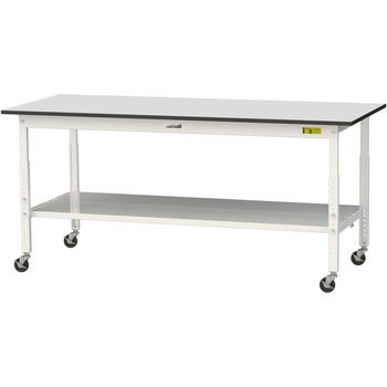 軽量作業台/耐荷重128kg_高さ調整移動式H688～988_全面棚板付き_RoHS2指令対応塩ビシート天板_ワークテーブル150シリーズ 山金工業